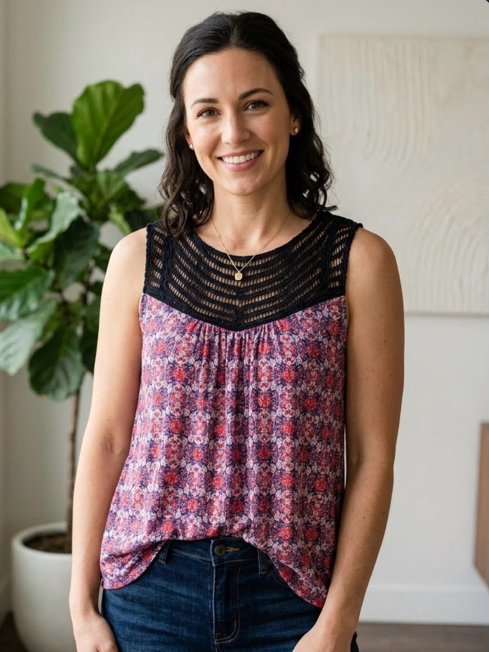 Loveappella Floral Tank with Black Lace Yoke
